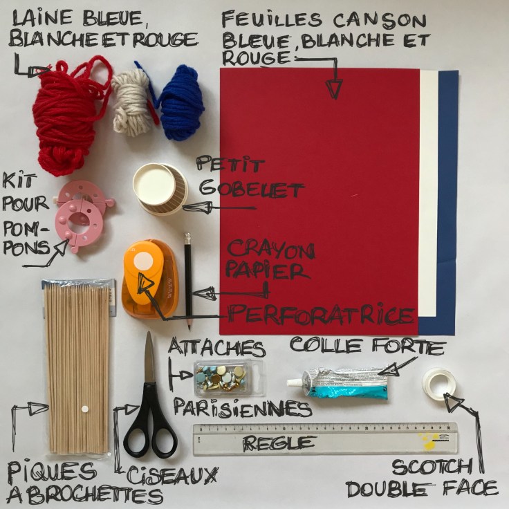 Tous français cette semaine bricolage enfant DIY craft bleu-blanc-rouge cocarde moulin à vent pompon en laine patriotes