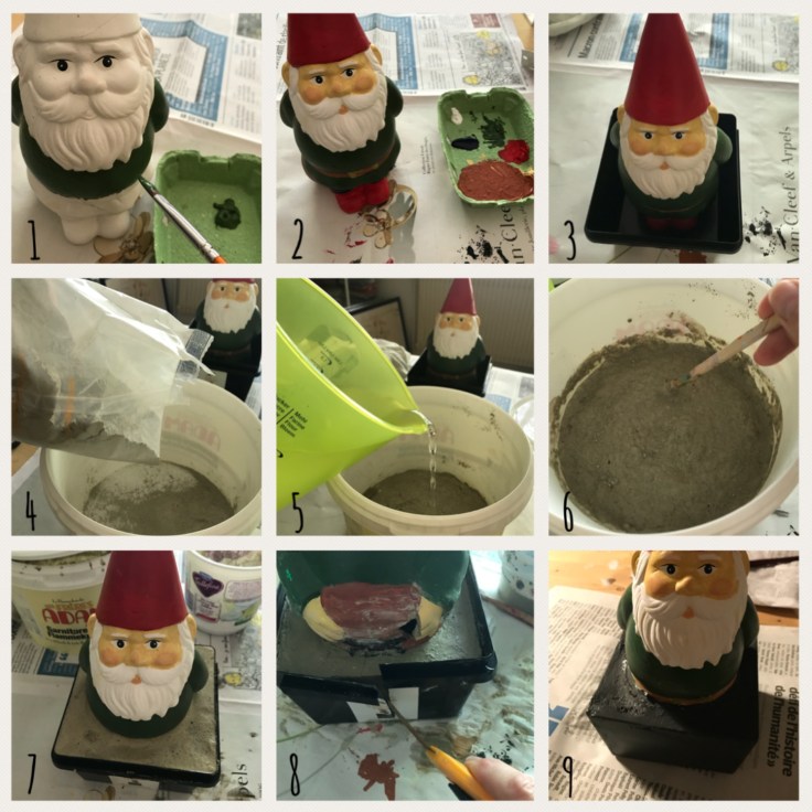 Les deux pieds dans le ciment DIY bricolage enfant craft cale livres ciment béton nain de jardin Pas à pas