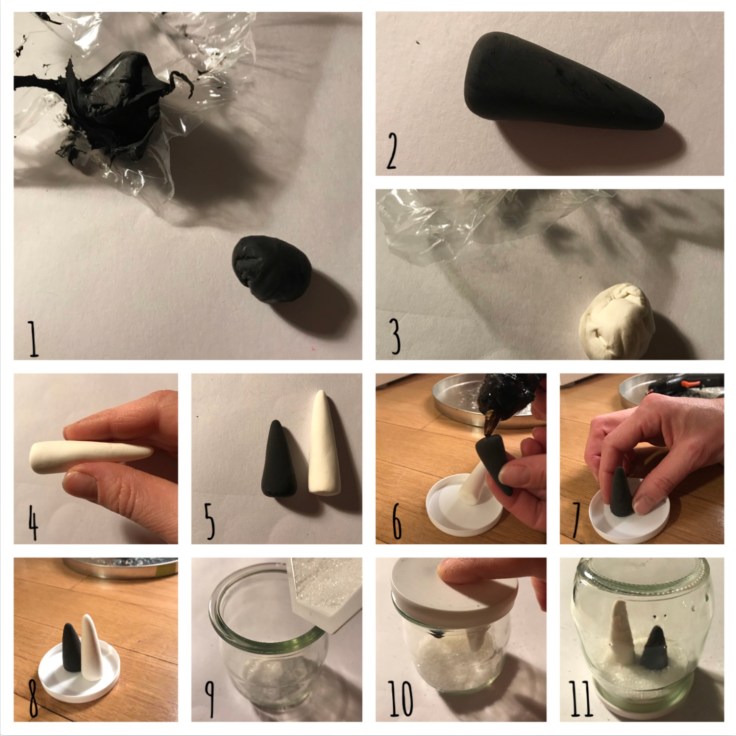 Petit décor d’hiver en noir et blanc - boule à neige -DIY - bricolage enfant - craft for kids - pot de yaourt - recyclage -pâte autodurcissante - Pas à pas