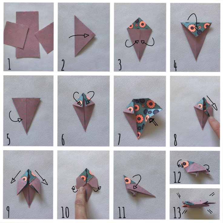 Une hirondelle ne fait pas le printemps- bricolage enfant - DIY - craft for kids - déco sou cloche - printemps - origami - oiseaux - branchages - plastique dingue - Pas à pas origami 1