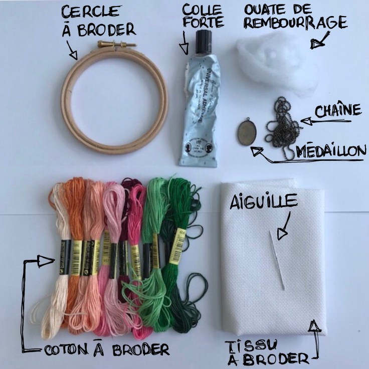 Collier brodé à l’ancienne - DIY - bricolage enfants - craft for kids - pendentif - broderie - fleurs - collier - médaillon -